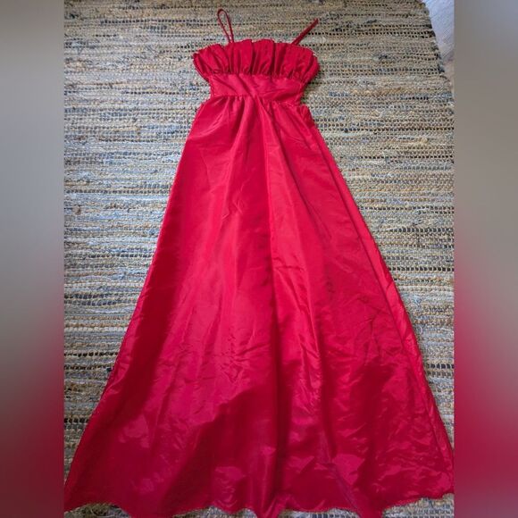 Holiday Party Dress Vtg S Red Satin Gown Full Length Ruched Bust Formal - Picture 2 of 9